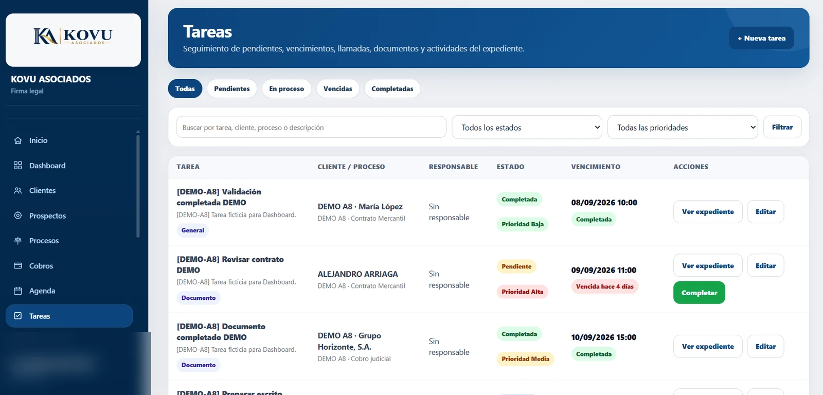 Tareas actuales de LegalDesk